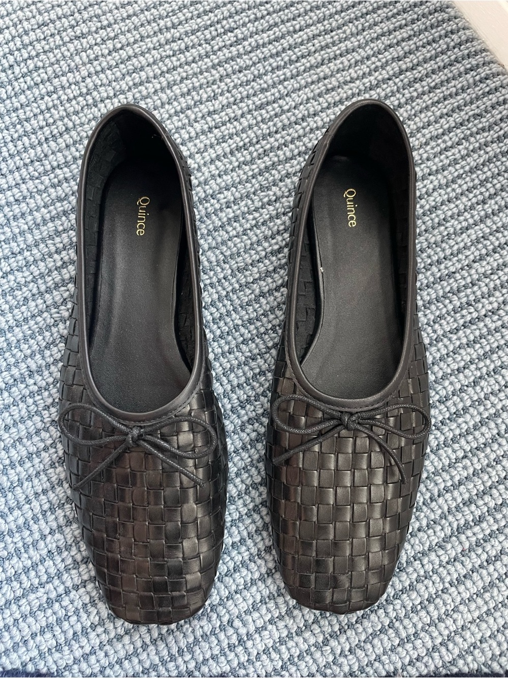 Quince Italian Leather Handwoven Square Toe Ballet Flat Sz 10 Black Like New - Picture 5 of 9